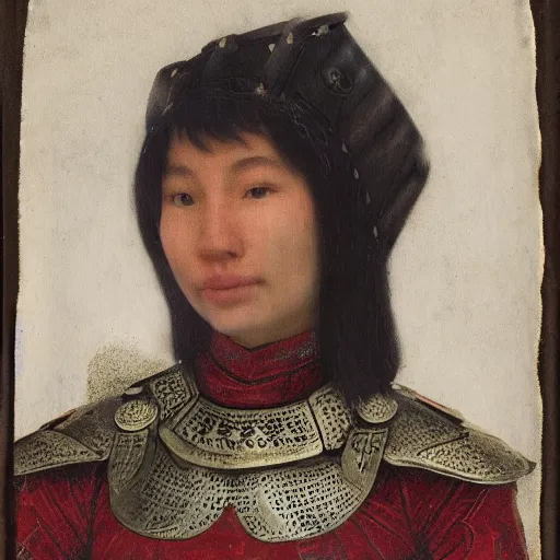 Prompt: head and shoulders portrait of a female knight, kazakh!, lorica segmentata, cuirass, tonalist, symbolist, realistic, ambrotype, baroque, detailed, modeled lighting, vignetting, indigo and venetian red, angular, smiling, eagle