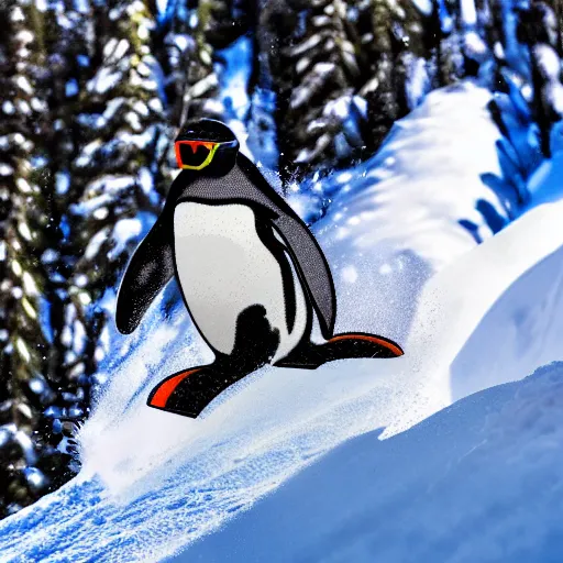 Image similar to ultrawide angle photograph of a snowboarding penguin wearing a helmet and snow goggles. the snowboard is made by burton. extremely detailed hyperrealistic photo, 8 k