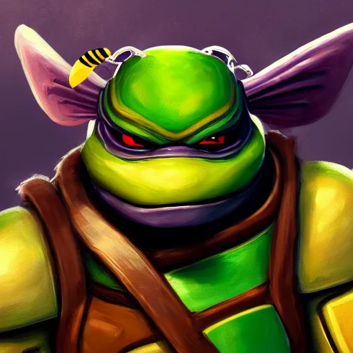 Prompt: closeup painting of cute bee tmnt with themed armor, portrait, hyperdetailed, artstation, cgsociety, 8 k, by tangerine dream