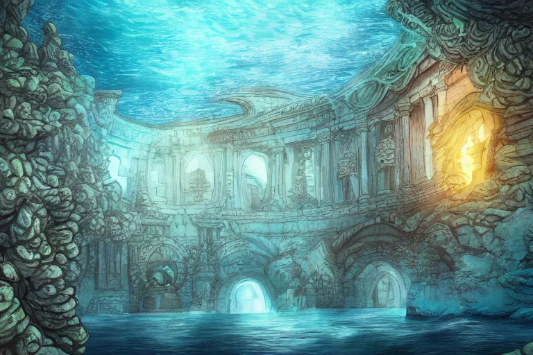 Prompt: underwater sunken temple!!!, fish, palladian, doric, illustration, concept art, digital art, colorful, blue, detailed