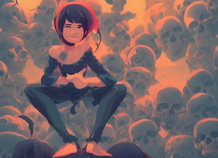 Image similar to cute smiling demon sitting on a pile of skulls. clean cel shaded vector art. behance hd by lois van baarle, artgerm, helen huang, by makoto shinkai and ilya kuvshinov, rossdraws, illustration, art by ilya kuvshinov