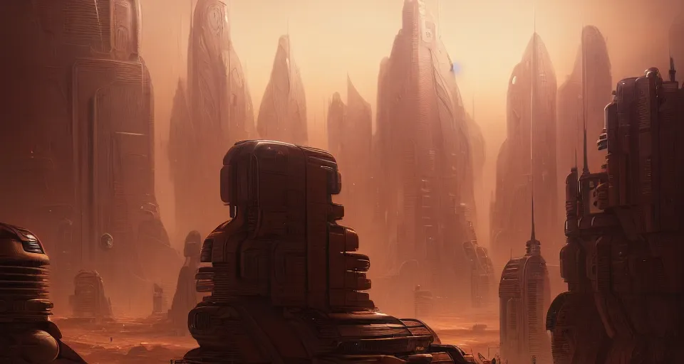 Image similar to cinematic shot, futuristic city on the mars made of stacked disks, utopian, digital painting, artstation, concept art, smooth, sharp focus, illustration, intricate, elegant, highly detailed, in the style of greg rutkowski and alphonse mucha and artemisia, 8 k, highly detailed, jurgens, rutkowski