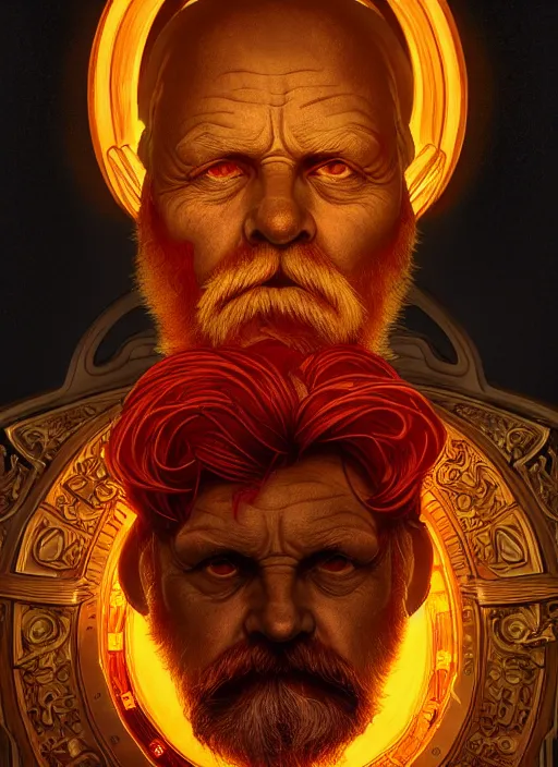 Image similar to the god hephaestus, old man, fiery hair, glowing eyes, volumetric lights, yellow and red scheme, art nouveau botanicals, gothic, intricate, highly detailed, digital painting, artstation, concept art, smooth, sharp focus, symmetric face, illustration, steampunk, art by artgerm and greg rutkowski and alphonse mucha