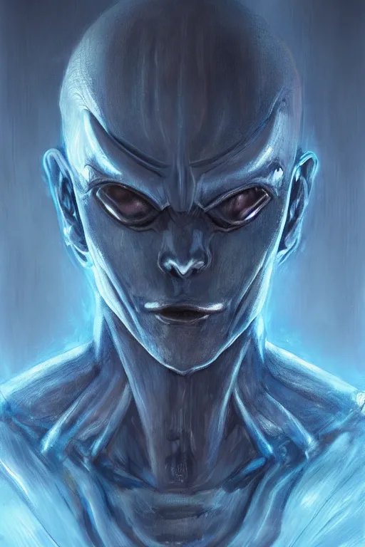 Image similar to portrait from a handsome blue masculine extraterrestrial alien, sci - fi art, akira toriyama hr giger, kuvshinov ilya, trending on artstation