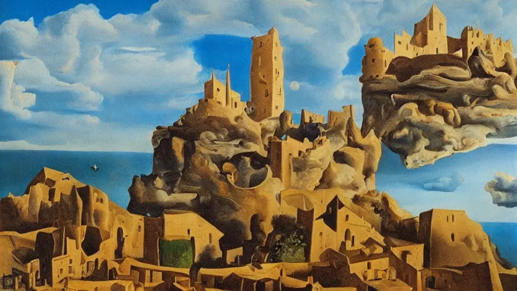 Image similar to High-Quality surrealist painting of Castell de Sant Ferran, peaceful, very detailed, oil painting by Salvador Dalí.