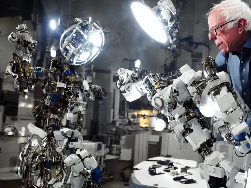 Prompt: bernie sanders putting the finishing touches on a ( ( cute ) ) clockwork doomsday robot, cinematic moody lighting, sharp focus, imax