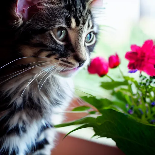 Prompt: medium - shot view from the back of a backlit maine coon kitten gazing out a sunny window on a warm day and watching the flowers. 3 5 mm, f / 1 1. 0, is 1 0 0