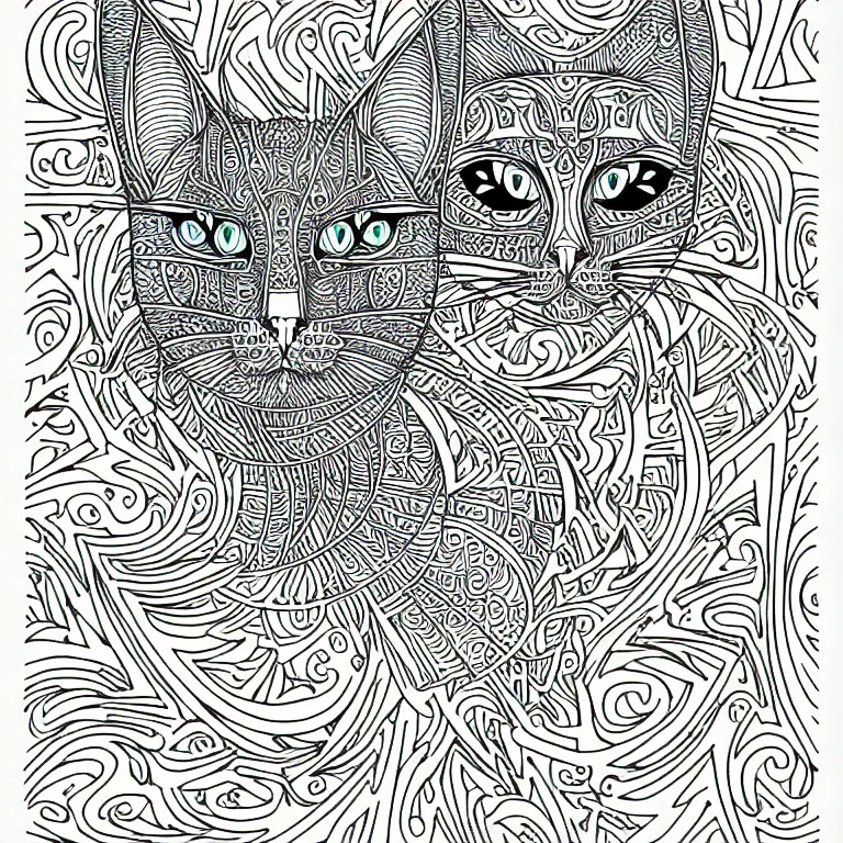 Image similar to egiptian cat's head ornaments fractal ink drawing line art colouring page, vector, margins, fine lines, centered