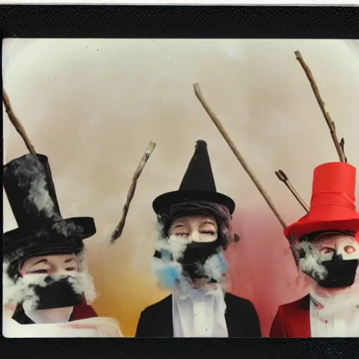 Prompt: polaroid of figures made from cotton candy, smoke and sticks, wearing top hats and huge masks