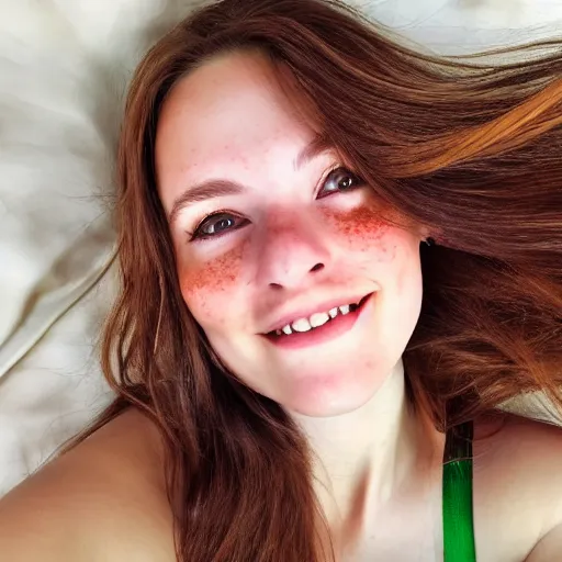 Image similar to beautiful hyperrealism hyperdetailed selfie of a cute young woman smiling softly, long light bronze brown hair, flushed face, red blush, light freckles, soft features, emerald green eyes, 8 k, sharp focus,