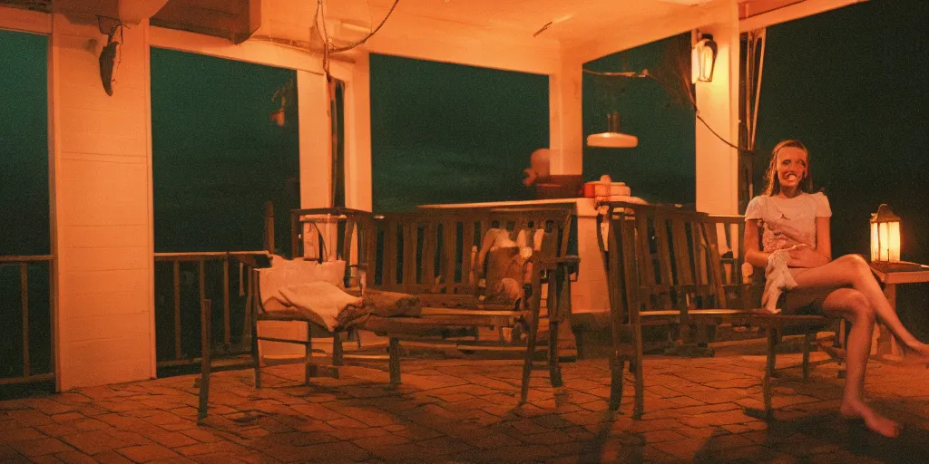 Prompt: summer lynn hart on the schwartz porch at night, cinestill 8 0 0 t