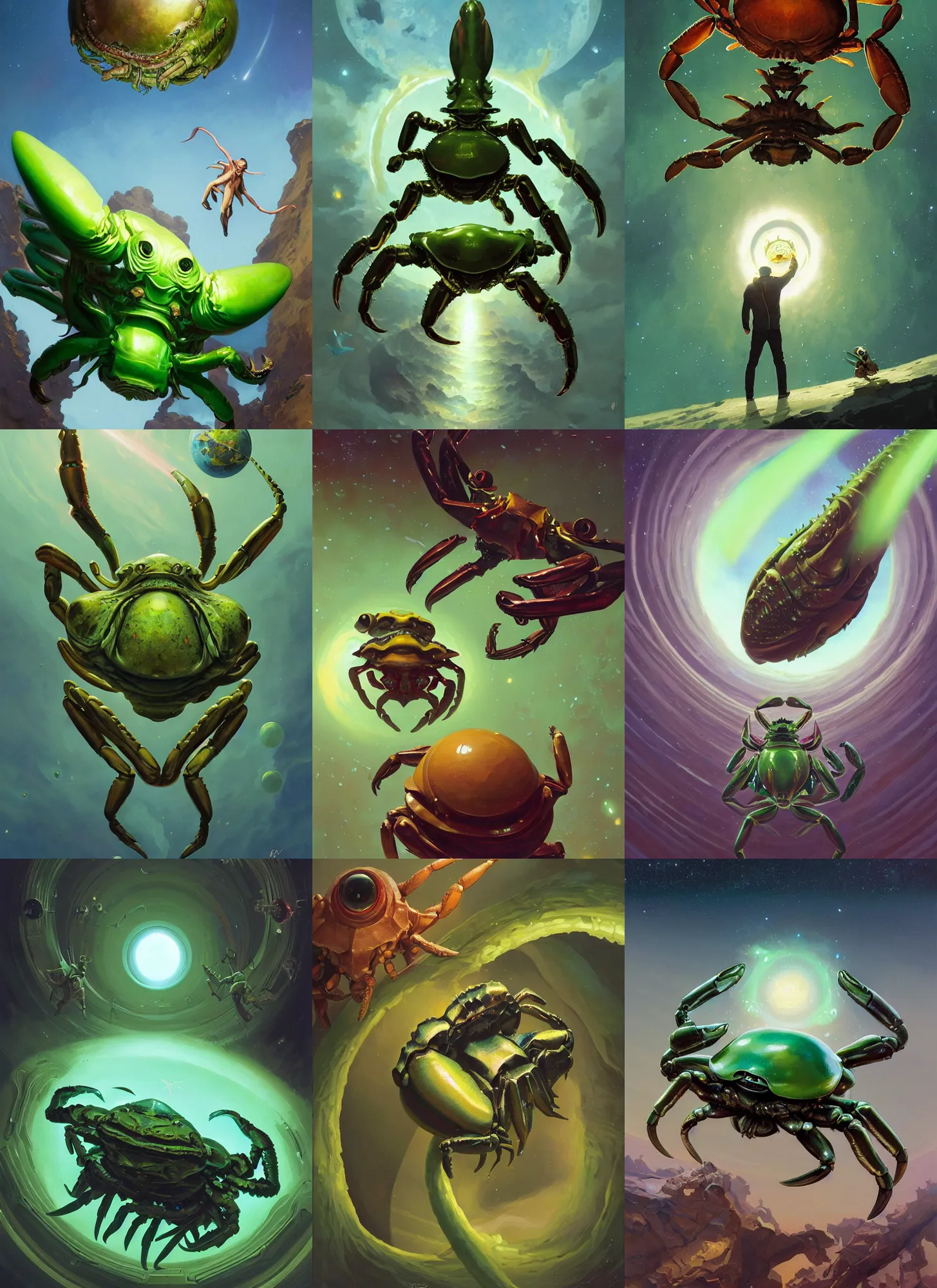 Prompt: opening of the universe's 1 0 th dimension unlocking gravity and momentum, evil looking slimy green alien crab approaching earth, sargent, leyendecker, greg hildebrandt, stephen bliss, intricate fantasy, greg rutkowski, loish, rhads, ferdinand knab, makoto shinkai, ilya kuvshinov, rossdraw