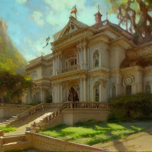 Image similar to detailed cinematic wide shot of mansion, ultra realistic, spring light, painting by gaston bussiere, craig mullins, j. c. leyendecker