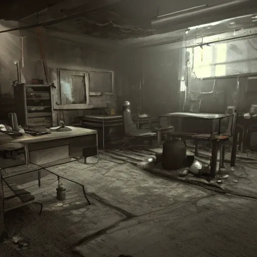 Image similar to fallout concept art school interior render grim realistic lighting unreal engine 5