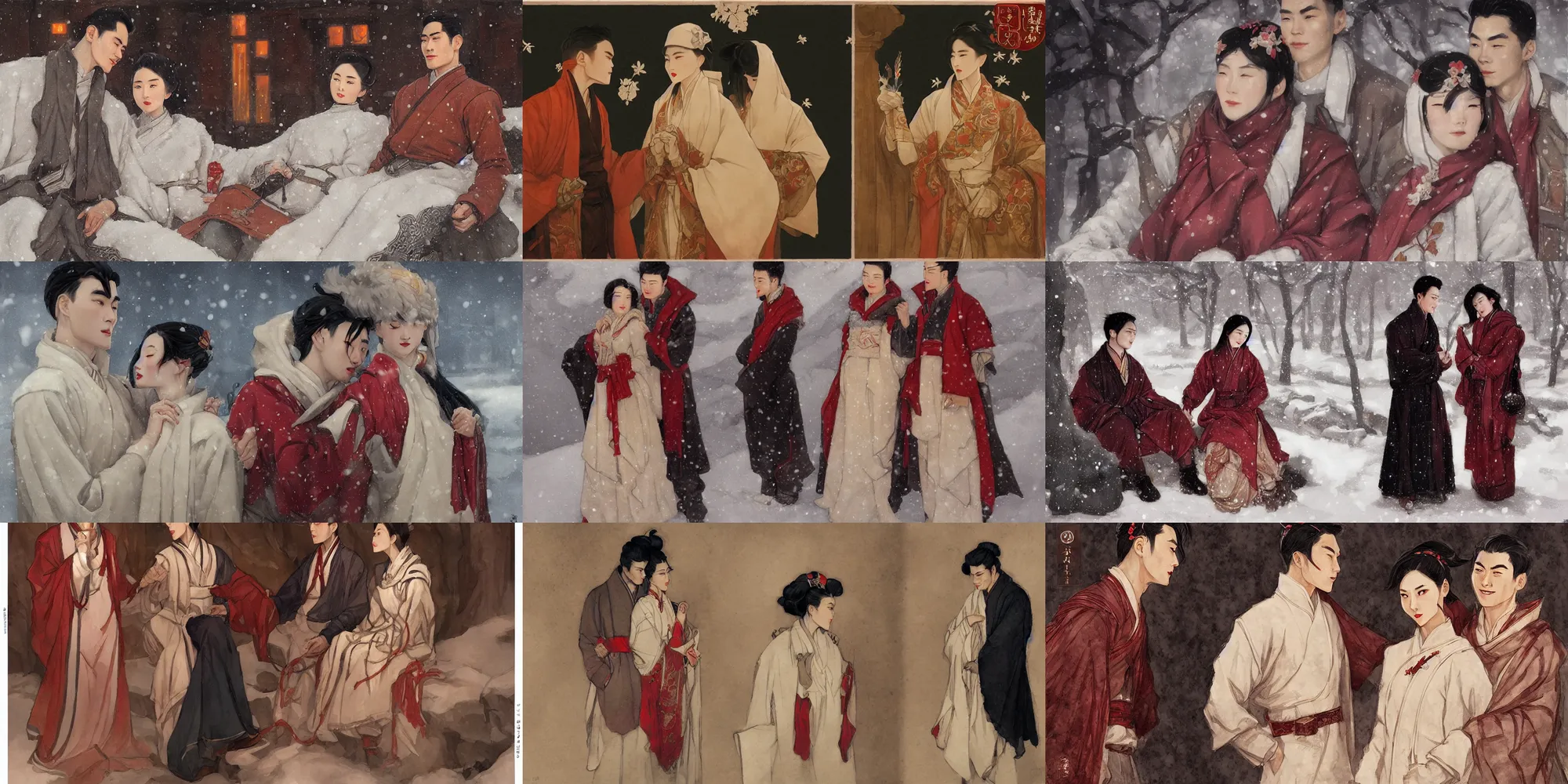 Prompt: xianxia couple, winter, in the style of j. c. leyendecker and greg rutkowski