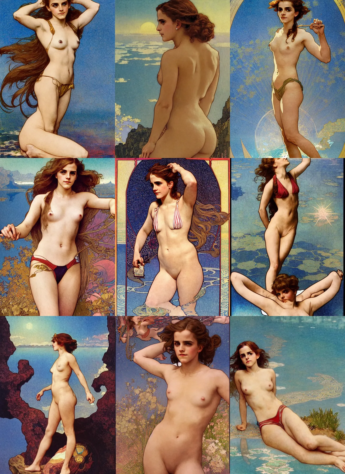 Prompt: portrait emma watson floating in a bikini above the earth, full length shot, shining, 8 k highly detailed, sharp focus, pinup illustration, art by mucha, bouguereau