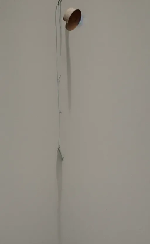 Prompt: a minimalistic filmstill of a readymade object in a museum, empty white room, in the style of Marcel Duchamp