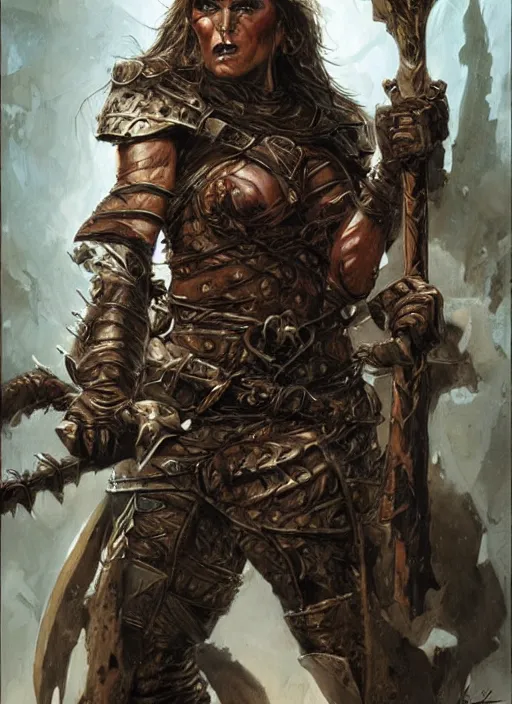 Image similar to a concept art painting of an furious female half - orc warrior wearing medieval brown leather armor, art by karol bak and mark brooks and argerm, centered