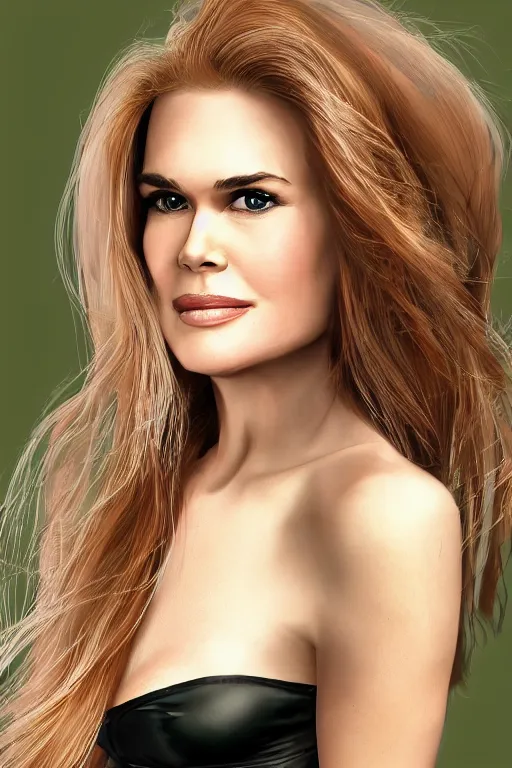 Image similar to mix of beautiful young maria shriver, mariel hemmingway, brooke shields, nicole kidman and elle macpherson as a young bikini model, thin lips, hair tied up in a pony tail, dark blonde hair, colorful, artstation, cgsociety