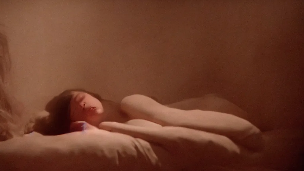 Image similar to movie still of a girl having sleep paralysis, cinematic composition, cinematic light, criterion collection, vivid colors, by david lynch