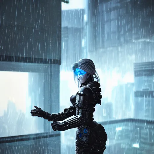 Image similar to An epic fantastic ultrarealism comic book style portrait painting of a female cyberpunk armor fighter, black and blue silver color armor, cyberpunk feel raining at tokyo rooftop, Concept world Art, unreal 5, DAZ, 8k, hyperrealistic, octane render, cosplay, RPG portrait, dramatic lighting, rim lights