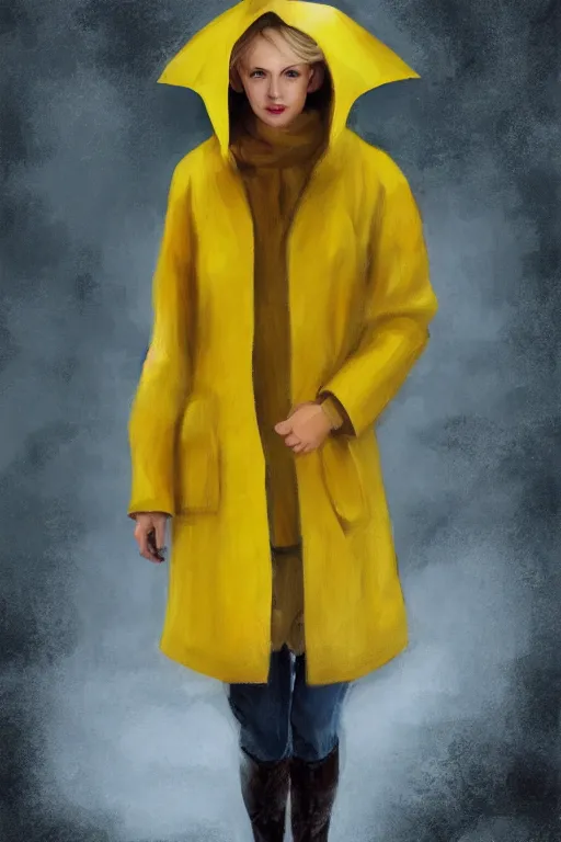 Image similar to a full body high detail portrait oil painting illustration of beautiful blonde woman with face and body clearly visible , dressed in yellow raincoat and yellow rubber boots walks in smal town in Finland, realistic proportions, d&d, rpg, artstation trending, high quality, artstation trending, no crop, entire person visible, natural light, width 768