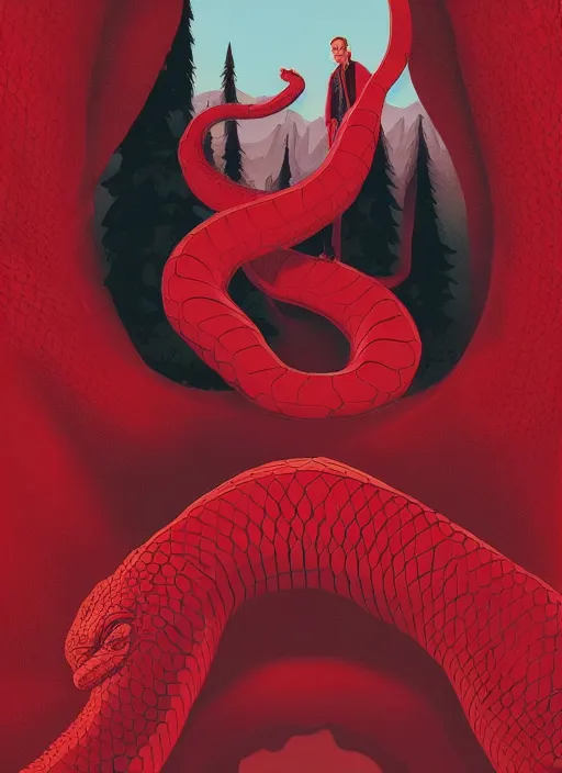 Image similar to Twin Peaks movie poster artwork by Michael Whelan and Tomer Hanuka, Rendering of a crimson colored snake, from a scene from Twin Peaks, clean, full of detail, Matte painting, trending on artstation and unreal engine