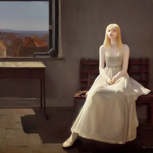 Image similar to Painting of Elle Fanning in the painted world of dark souls, by Edward Hopper. 8K. Extremely detailed.