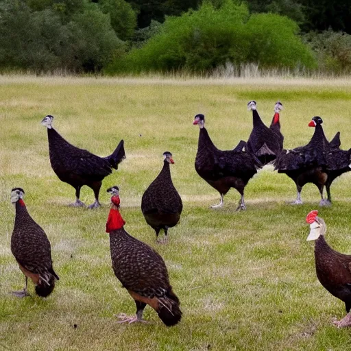 Image similar to group of wild turkeys in a field pecking at a well done steak