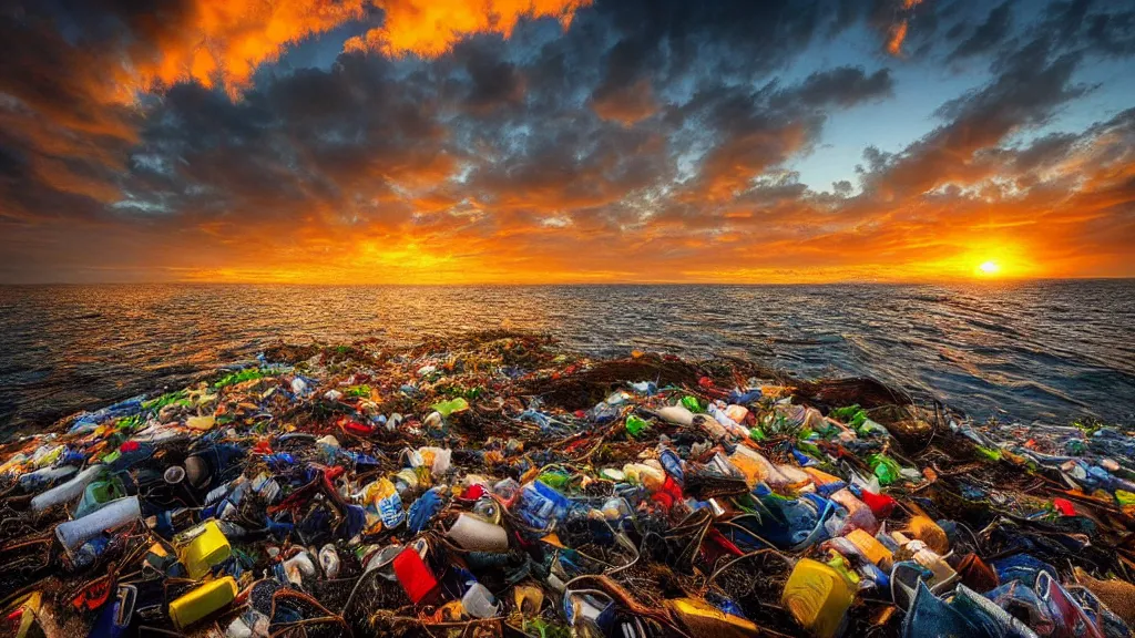 Image similar to amazing landscape photo of garbage patch, sunset by marc adamus, beautiful dramatic lighting