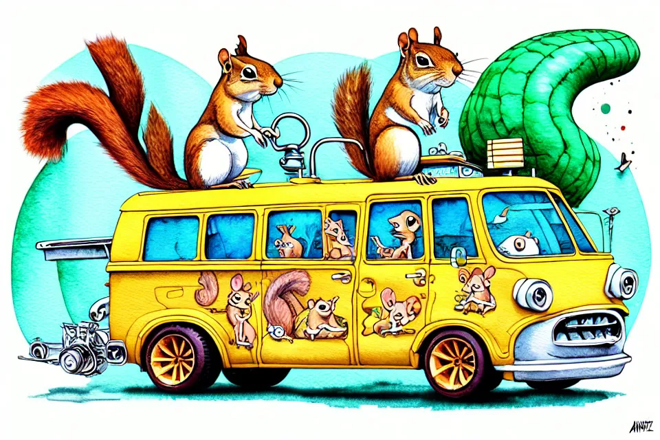 Image similar to cute and funny, squirrel riding in a mystery machine van, ratfink style by ed roth, centered award winning watercolor pen illustration, isometric illustration by chihiro iwasaki, edited by range murata, tiny details by artgerm and watercolor girl, symmetrically isometrically centered, sharply focused
