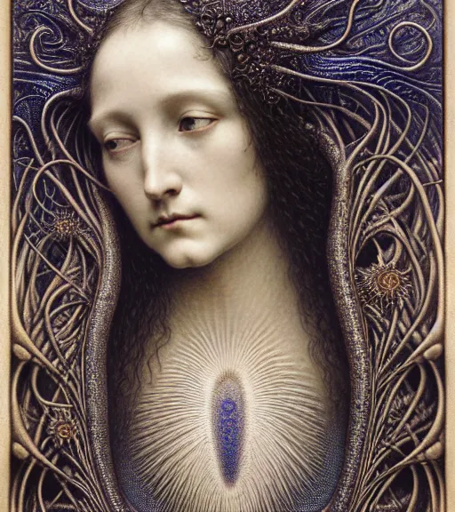 Image similar to detailed realistic beautiful night goddess face portrait by jean delville, gustave dore, iris van herpen and marco mazzoni, art forms of nature by ernst haeckel, art nouveau, symbolist, visionary, gothic, neo - gothic, pre - raphaelite, fractal lace, intricate alien botanicals, ai biodiversity, surreality, hyperdetailed ultrasharp octane render