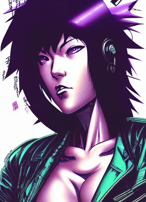 Image similar to motoko kusanagi in grungy cyberpunk megacity, intricate and finely detailed, cyberpunk vaporwave, portrait by j scott campbell, phil jimenez, ilya kuvshinov