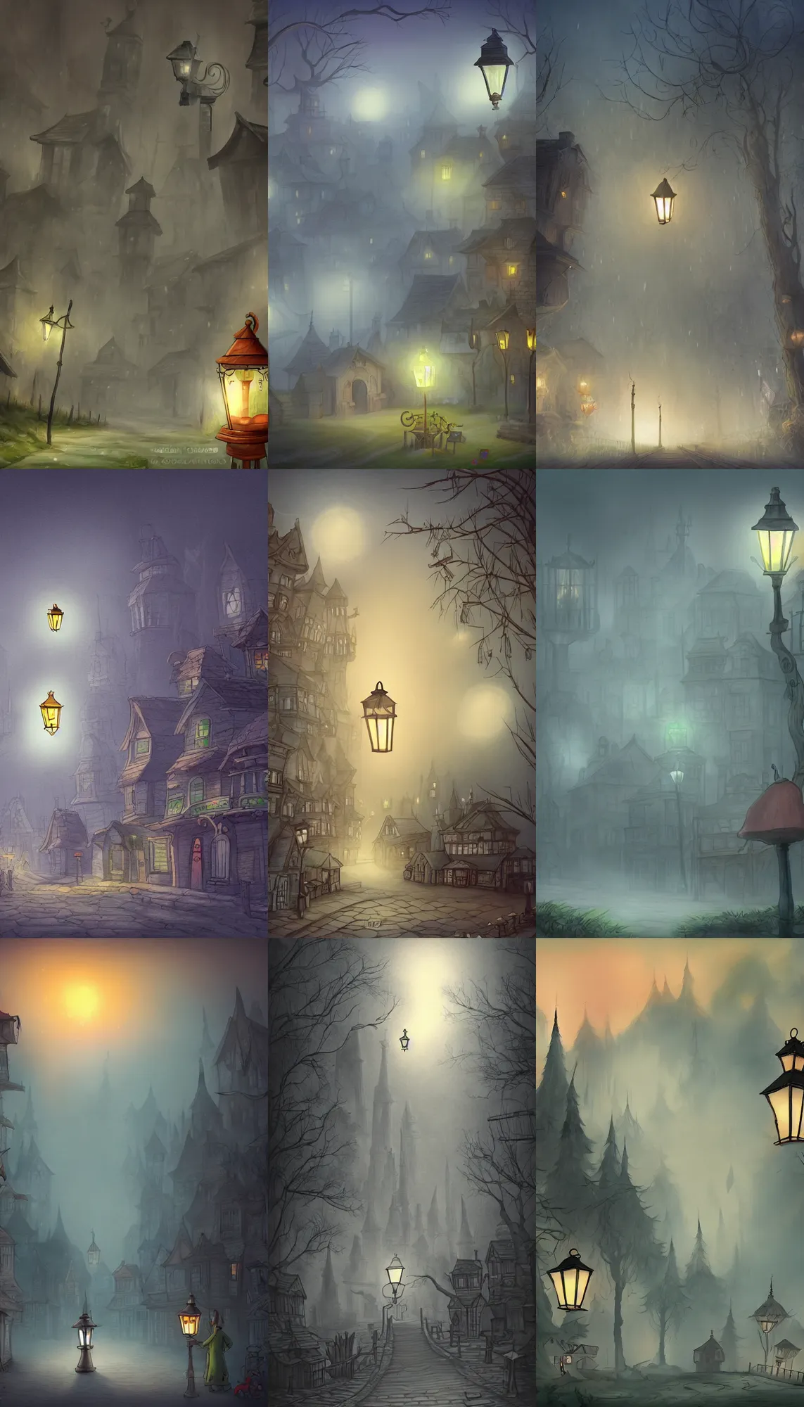 Prompt: town, little fog, lantern, fantasy cartoon style