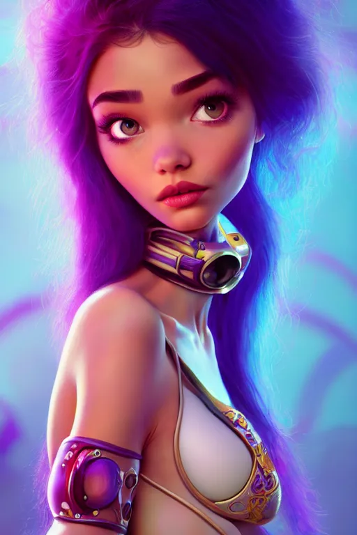 Image similar to pixar woman madison beer rave girl | soft creamy polished decadent vixen floral ornate masterpiece | weta disney movie still portrait photo | sci fi, fantasy, film, 8 k, highly detailed, artstation, realism | beeple, artgerm, mucha, wlop, loish |