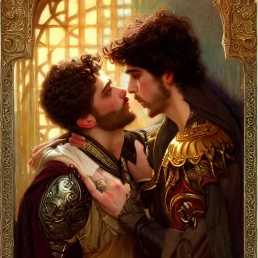 Image similar to attractive fully clothed king confesses his love for his attractive fully clothed male prince. highly detailed painting by gaston bussiere, tom bagshaw, j. c. leyendecker