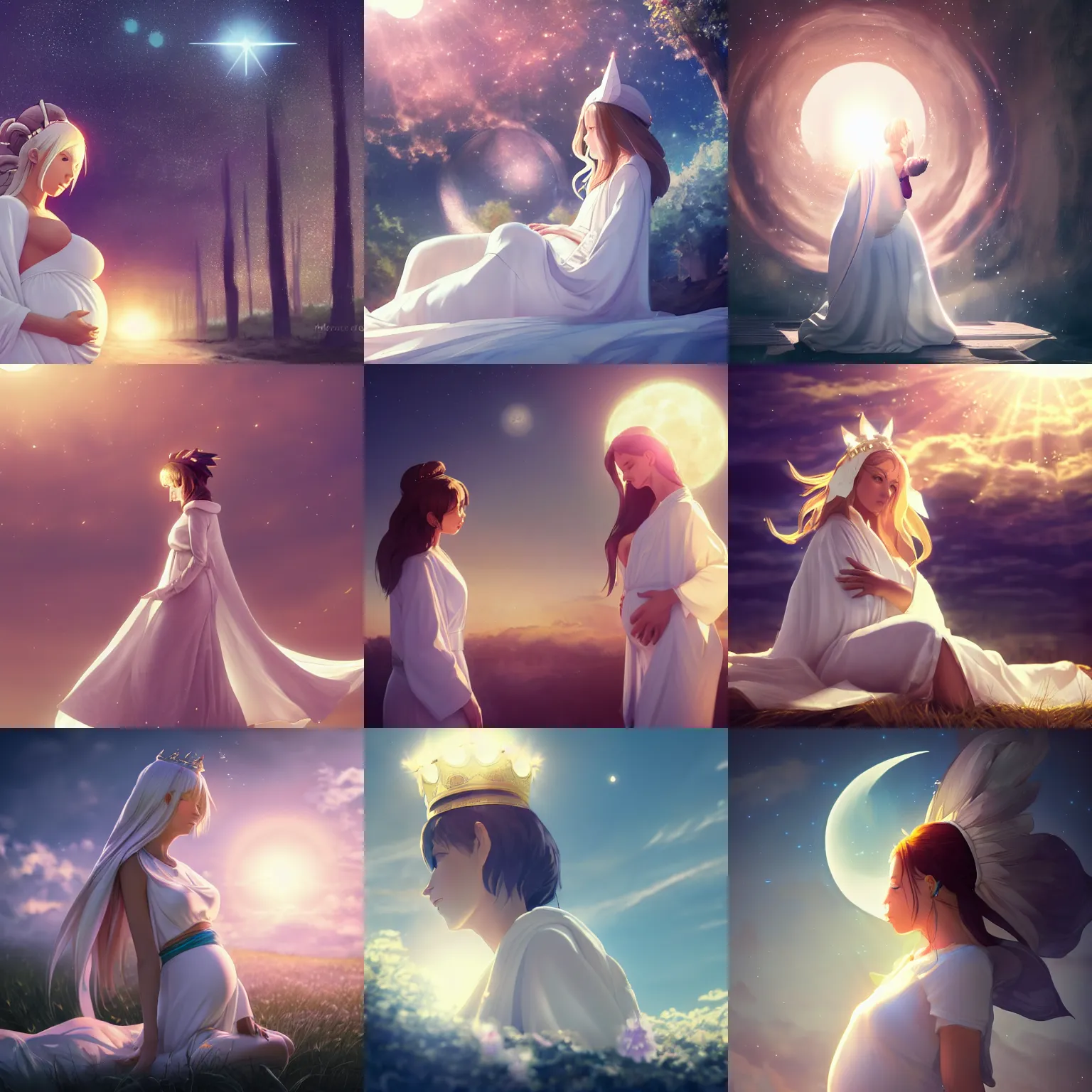 Prompt: A Woman clothed with a white robe, with the sun at her back, with the moon under her feet, and on her head a crown of twelve stars is in pregnancy with a male child, 8k hdr pixiv dslr photo by Makoto Shinkai and Wojtek Fus