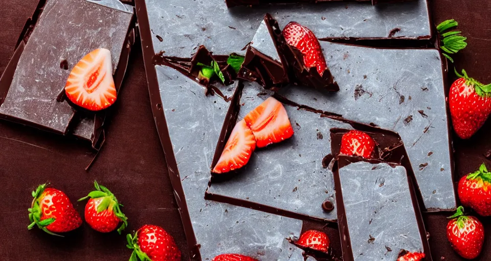 Image similar to A gourmet dark chocolate bar on an opened silver wrapper, next to sliced strawberries, on a wooden tray, macro lens product photo