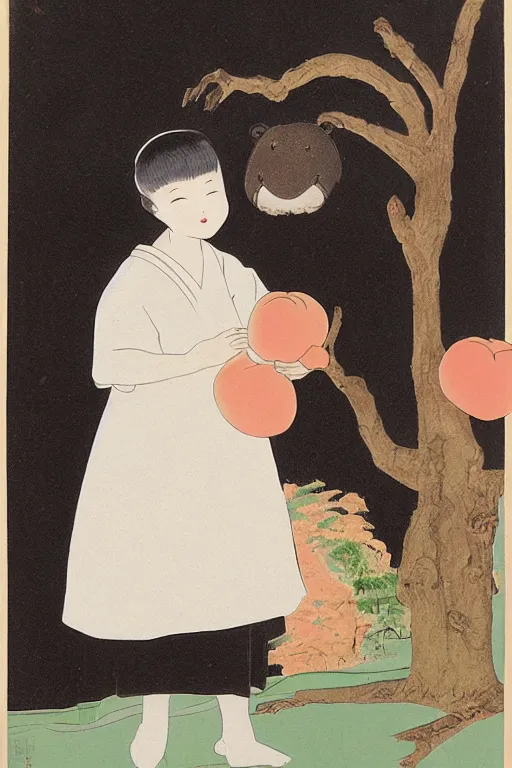 Image similar to portrait of a girl giving a peach to a large anthropomorphic asian black bear, in the style of foujita tsuguharu