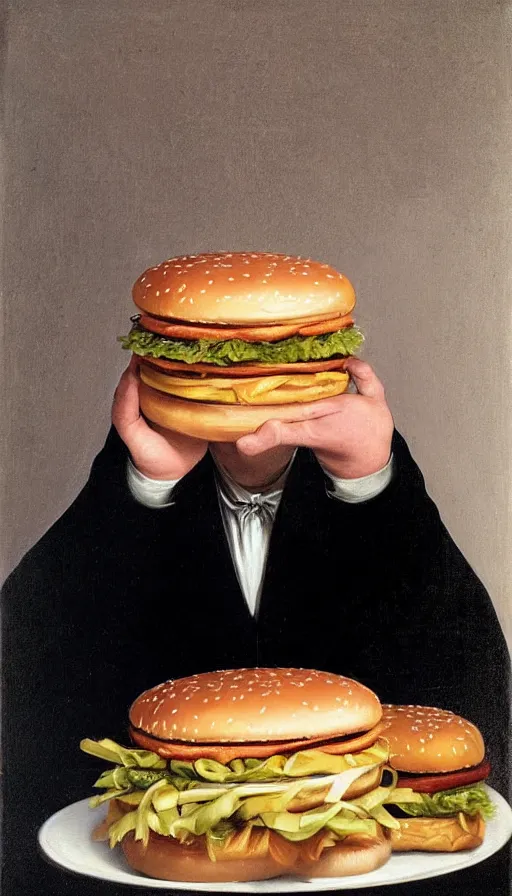 Image similar to still life painting of Donald Trump holding a McDonalds Big Mac, by Caravaggio, hyperrealistic, botanical print