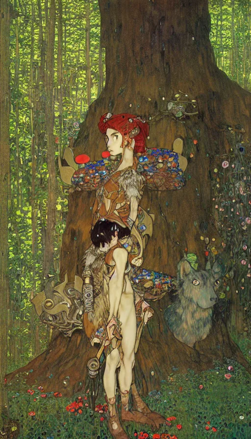 Image similar to Princess Mononoke, fully clothed in armor, lush fairy forest, neon, concept art, schematics, gnarly details painted by gustav klimt, norman rockwell, mucha, james gurney, high detail, denoised, sharp, architectural