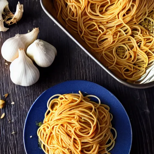 Prompt: a plate of spaghetti that is filled with whole garlic cloves, cookbook photo