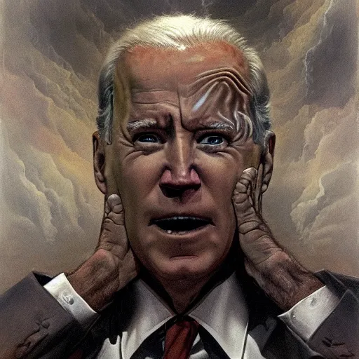 Image similar to terrifying, surreal portrait of joe biden standing up to his shoulders in turbulent, shadowy water by j. c. leyendecker, bosch, william blake, stephen gammell, jon mcnaughton, and beksinski