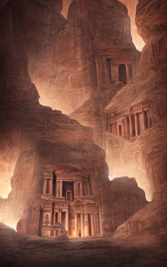 Prompt: epic low angle matte painting looking up at the lost palace of petra with white flames illuminating the ruins of forgotten souls, atmospheric, low angle, mysterious, cinematic, cosmic, stunning, grorgeous, cgsociety, intricate, ultra detailed, featured on artstation