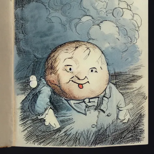 Image similar to candid portrait of white ball with face smiling eyes closed, surrounded by clouds, illustrated by peggy fortnum and beatrix potter and sir john tenniel