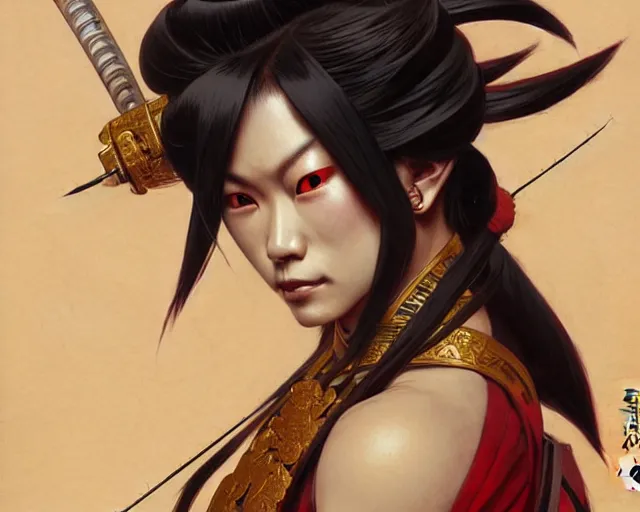 Image similar to oni samurai japanese style, face, fantasy, intricate, elegant, highly detailed, digital painting, artstation, concept art, smooth, sharp focus, illustration, artstation, cgsociety, art by artgerm and greg rutkowski and alphonse mucha