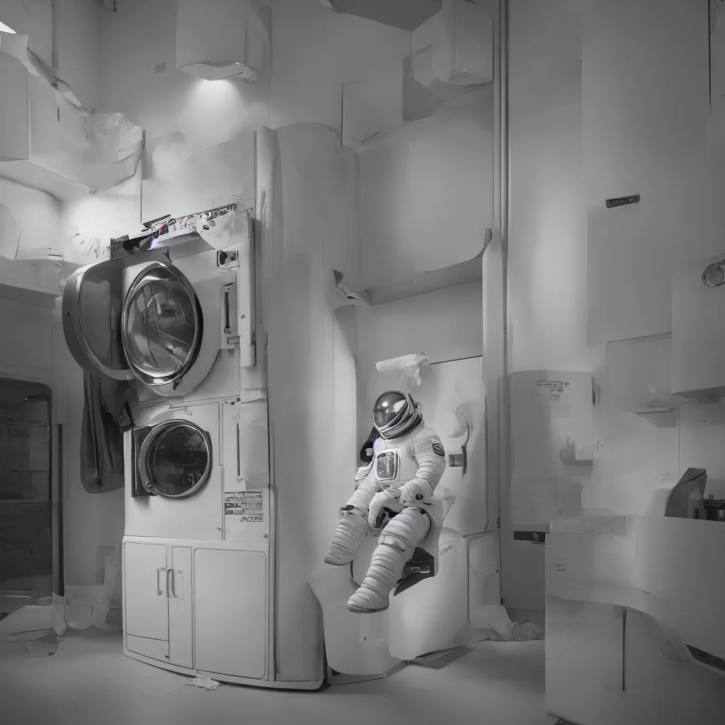 Image similar to a beautiful photo of an astronaut sat on a chair in an automatic laundry room, soft light, morning light, photorealistic, realistic, octane, 8k, cinematic shot