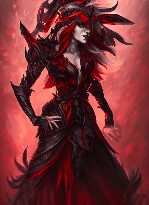Prompt: a highly detailed illustration of fiece long white haired demon woman wearing red and black battle dress, dramatic imposing pose, intricate, elegant, highly detailed, centered, digital painting, artstation, concept art, smooth, sharp focus, league of legends concept art, wlop.