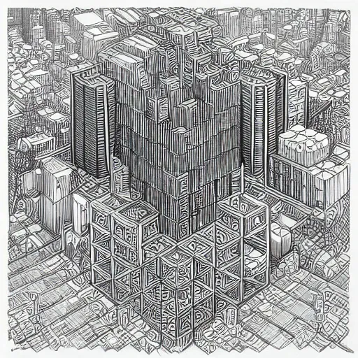 Prompt: Geometric cube city, extremely high detail, photorealistic, intricate line drawings, dotart, album art in the style of James Jean