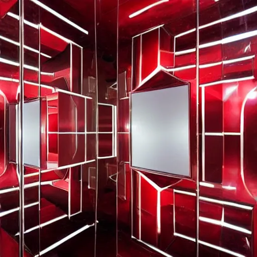 Prompt: chrome spheres on a red cube, mirror room